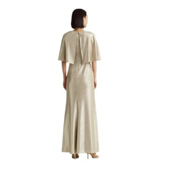 RALPH LAUREN | Gold Champagne Foil Print Jersey Cape Gown (Size 14) - Picture 2 of 15